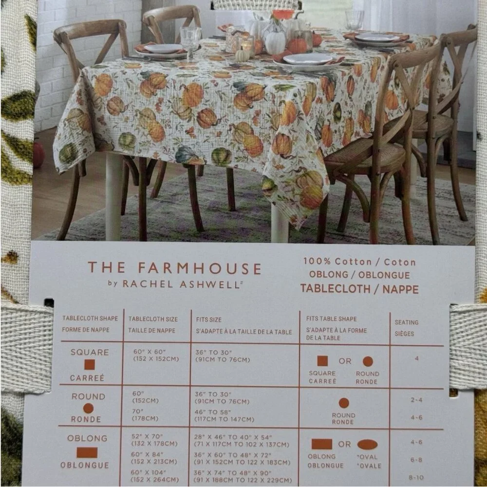 Rachel Ashwell Farmhouse Pumpkin Fall Leaves Tablecloth 60x120 Gauzy Cotton